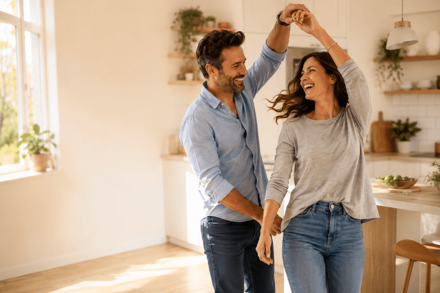 A happy couple dancing together in their bright, modern kitchen